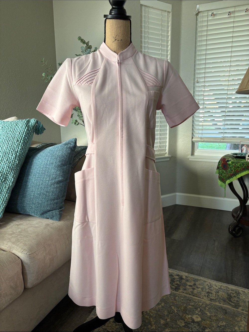 Pink Short-Sleeve Zip-Front Nurse uniform with white apron